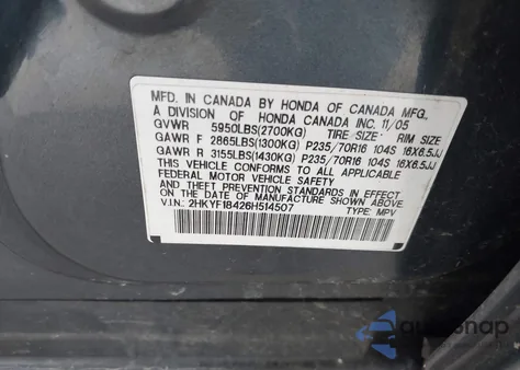 2006 Honda Pilot Ex from USA, damaged, VIN 2HKYF18426H514507